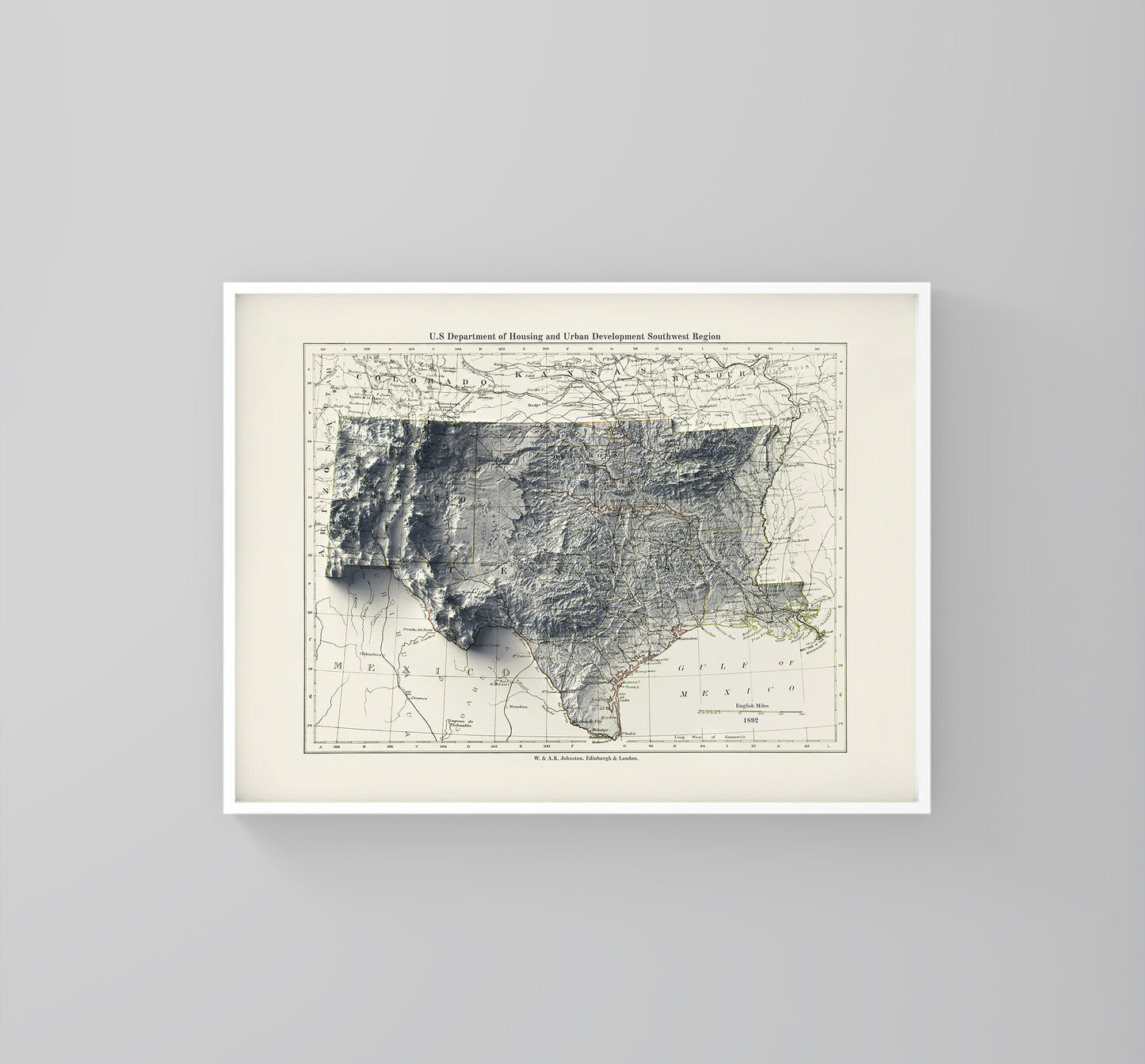 South Central USA vintage framed shaded relief map in white frame. Artistic print highlighting mountains with a realistic 3d effect