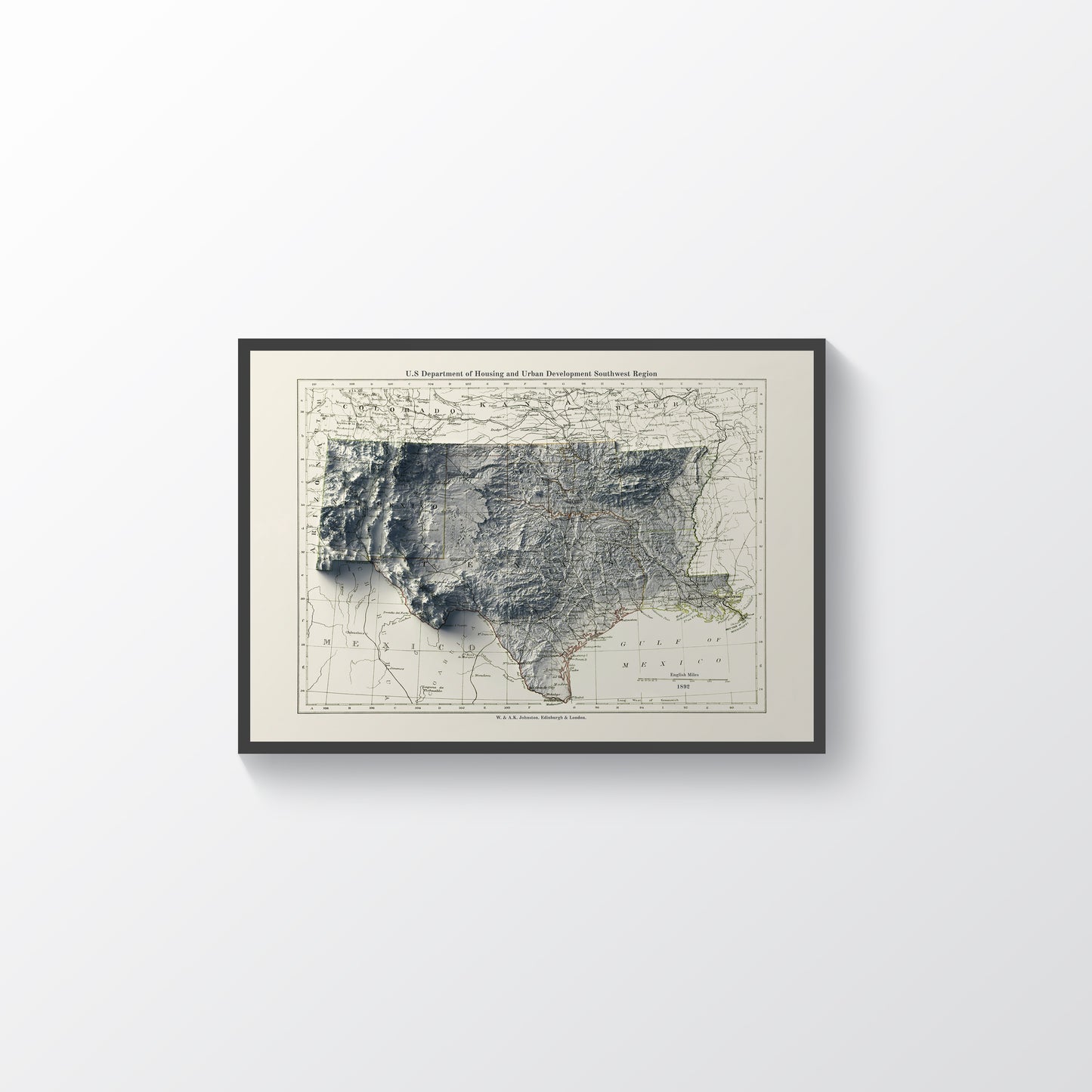 South Central USA vintage framed shaded relief map in black frame. Artistic print highlighting mountains with a realistic terrain effect