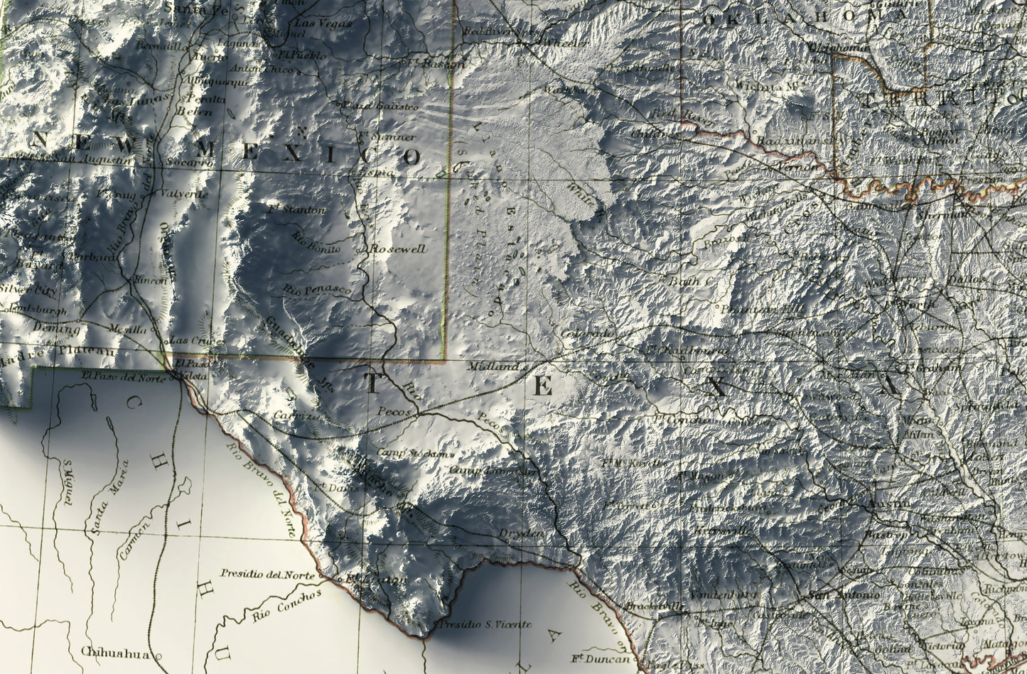 Detailed close-up of a vintage South Central (USA) relief map, showcasing textured topography and geographic contours, including the states of New Mexico, Texas, Oklahoma, Louisiana and Arkansas