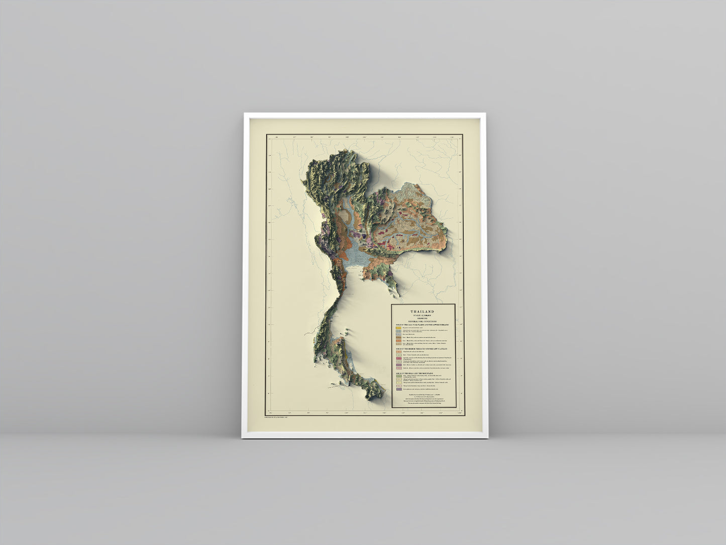 Thailand vintage framed shaded relief map in white frame. Artistic print highlighting mountains with a realistic 3d effect