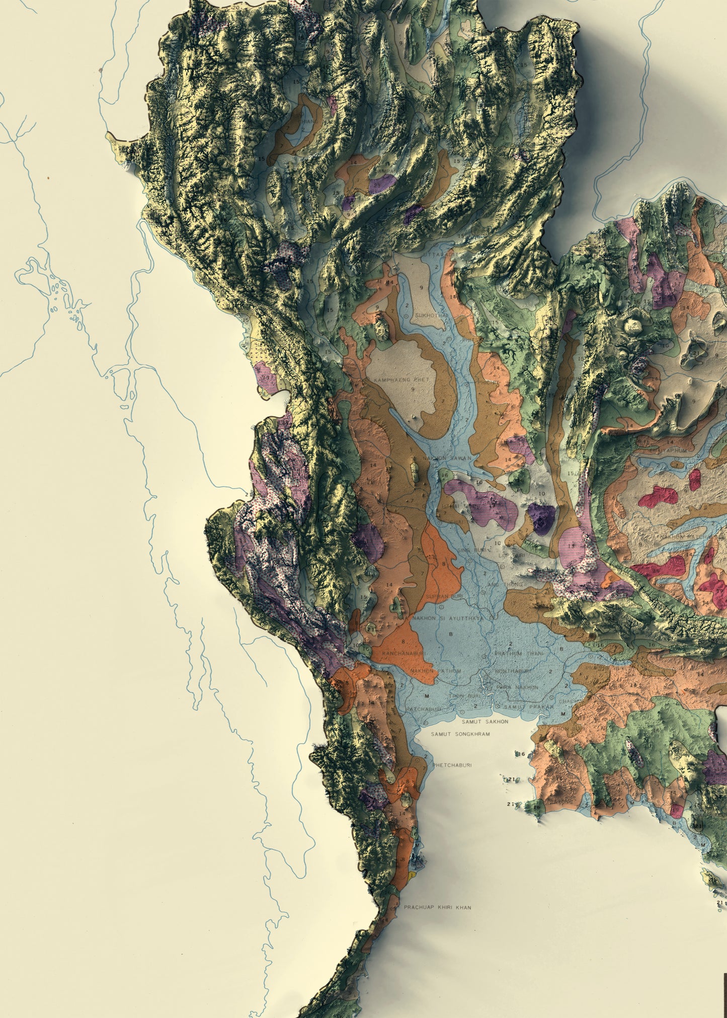 Detailed close-up of a vintage Thailand relief map, showcasing textured topography and geographic contours