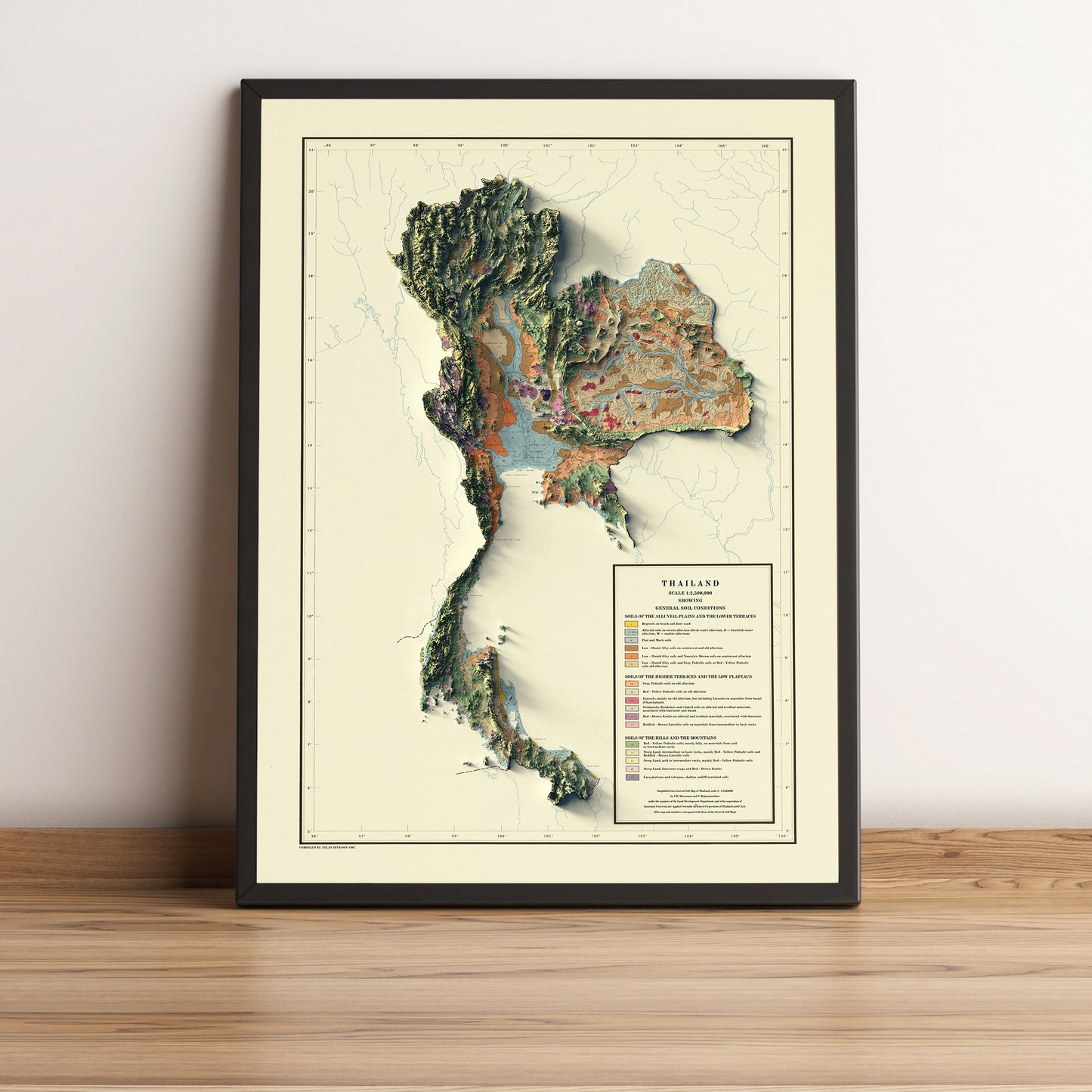 Thailand vintage framed shaded relief map in black frame. Artistic print highlighting mountains with a realistic terrain effect
