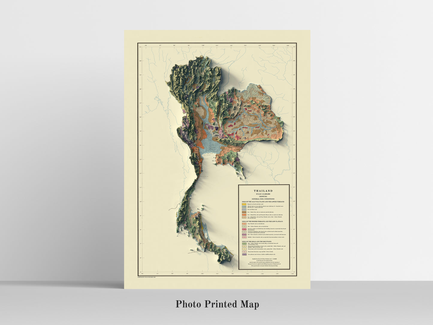 Thailand Shaded relief map print, highlighting topography. Ideal for home decor and geography lovers