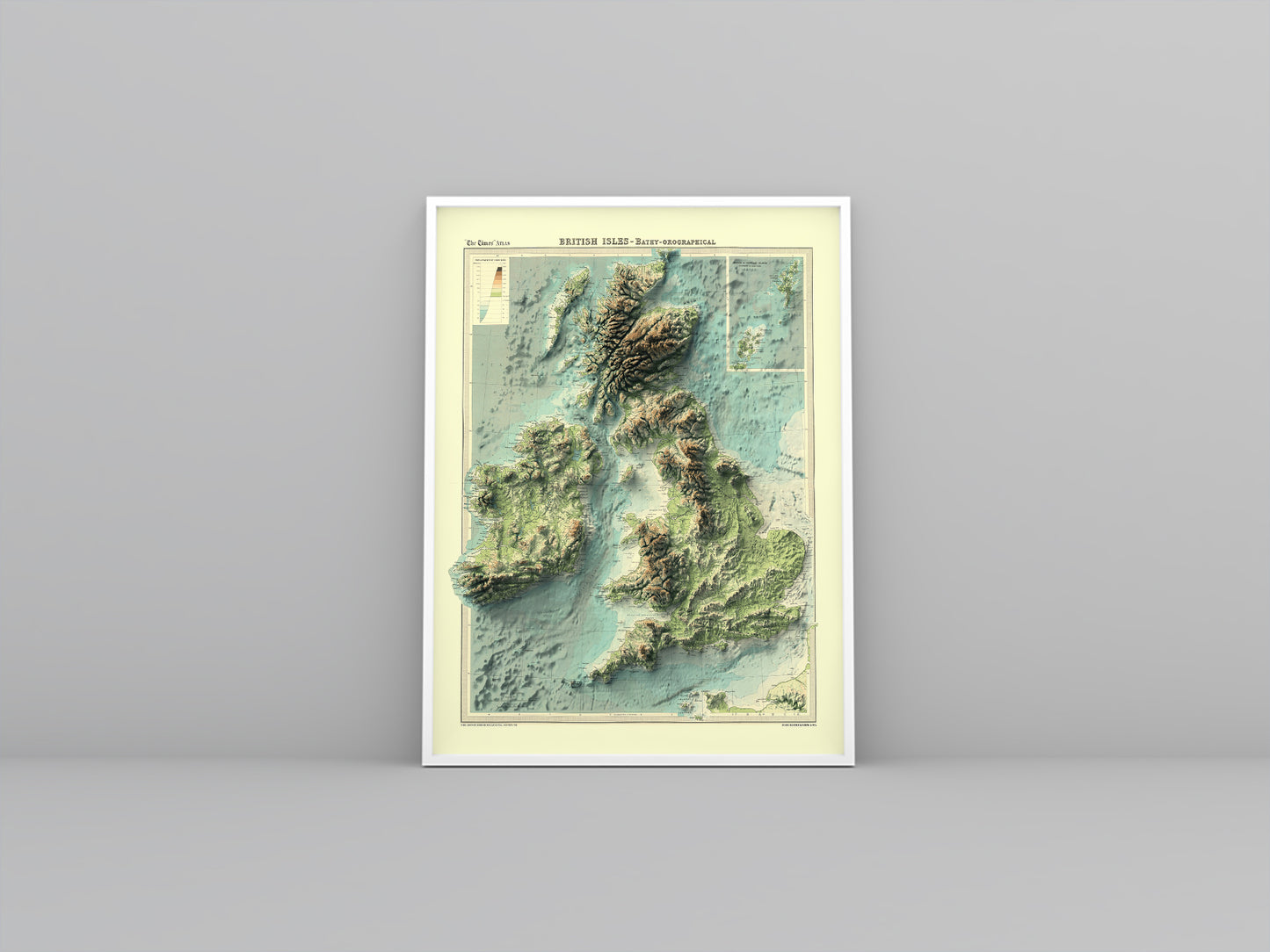 british isles and irish isles bathymetrical framed shaded relief map in white frame. Artistic print highlighting mountains with a 3d effect