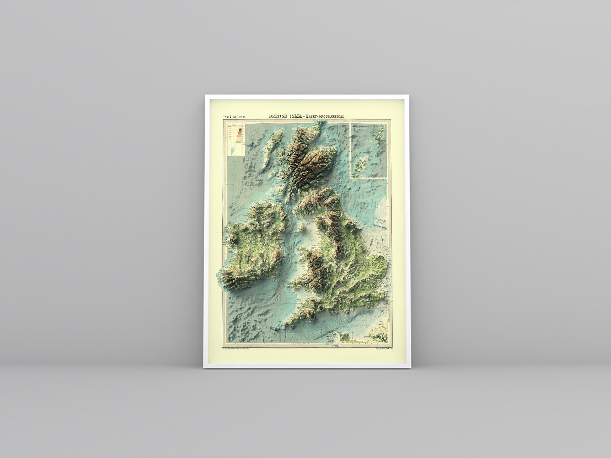 british isles and irish isles bathymetrical framed shaded relief map in white frame. Artistic print highlighting mountains with a 3d effect
