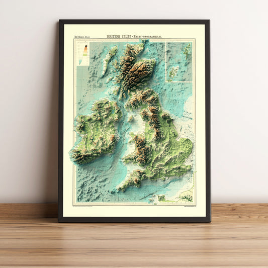 British and Irish Isles Bathymetrical framed shaded relief map in black frame. Artistic print highlighting mountains with a realistic terrain effect