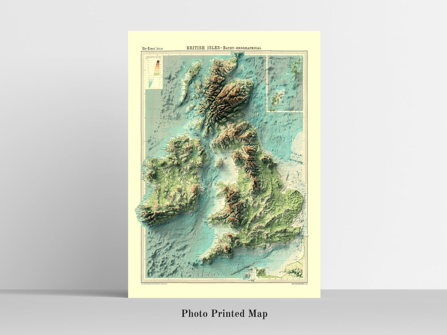 British and Irish Isles Bathymetric shaded relief map print, highlighting topography. Ideal for home decor and geography lovers