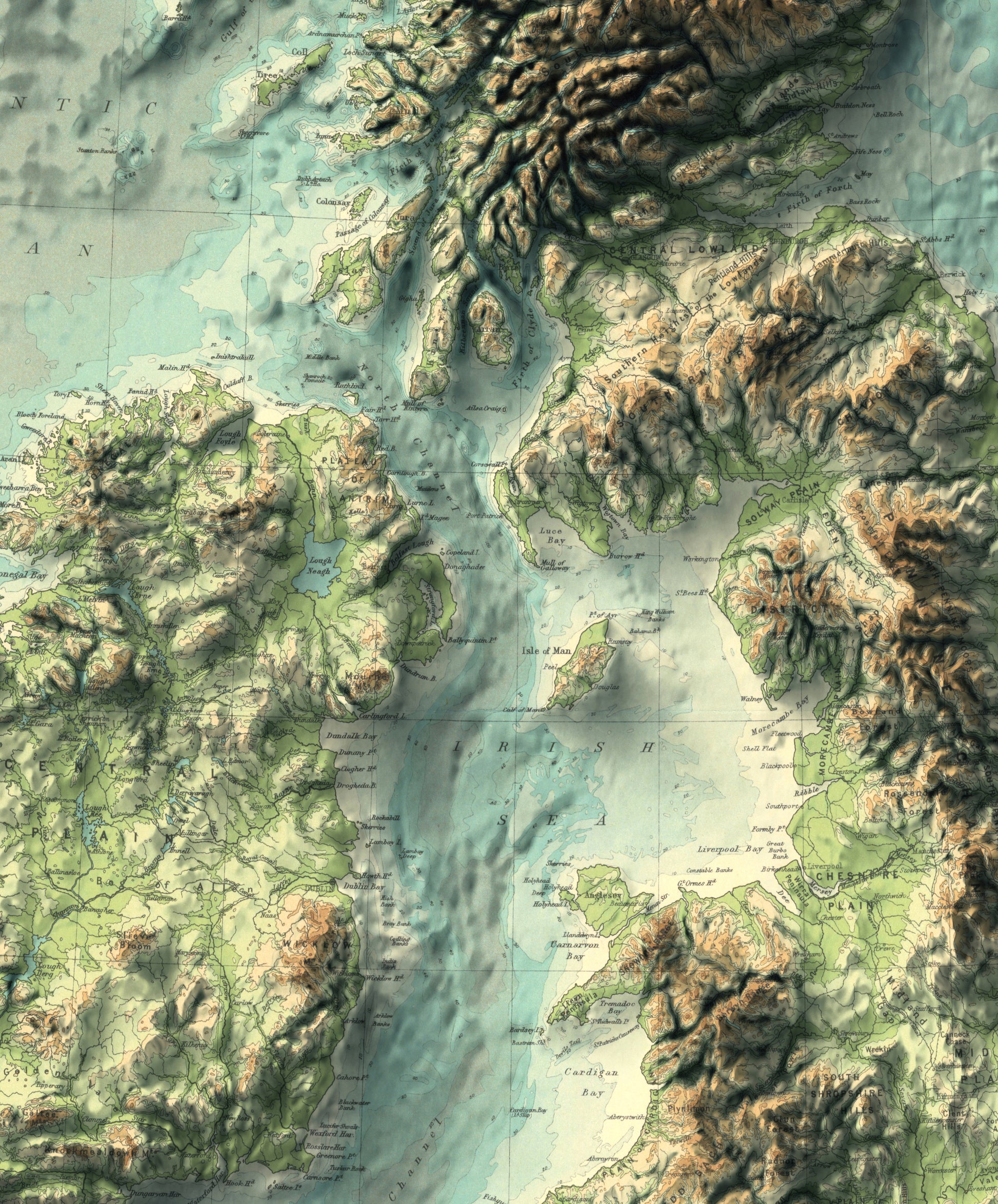 Detailed close-up of a British and Irish Batrymetrical relief map, showcasing textured topography and geographic contours