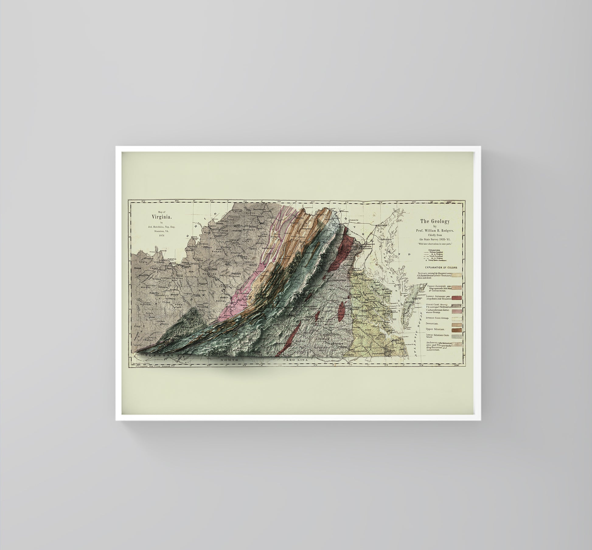 Virginia (USA) vintage framed shaded relief map in white frame. Artistic print highlighting mountains with a realistic 3d effect