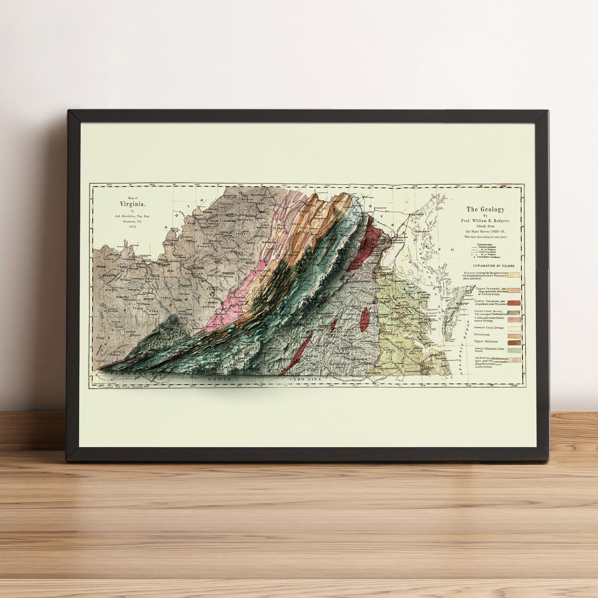 Virginia (USA) vintage framed shaded relief map in black frame. Artistic print highlighting mountains with a realistic terrain effect