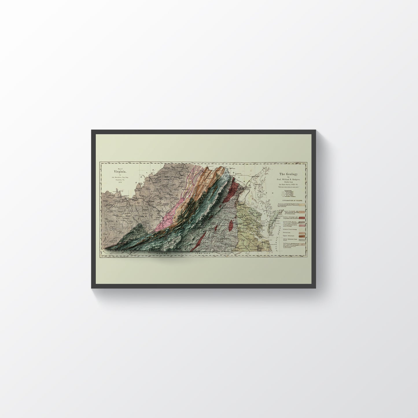 Virginia (USA) vintage framed shaded relief map in black frame. Artistic print highlighting mountains with a realistic terrain effect