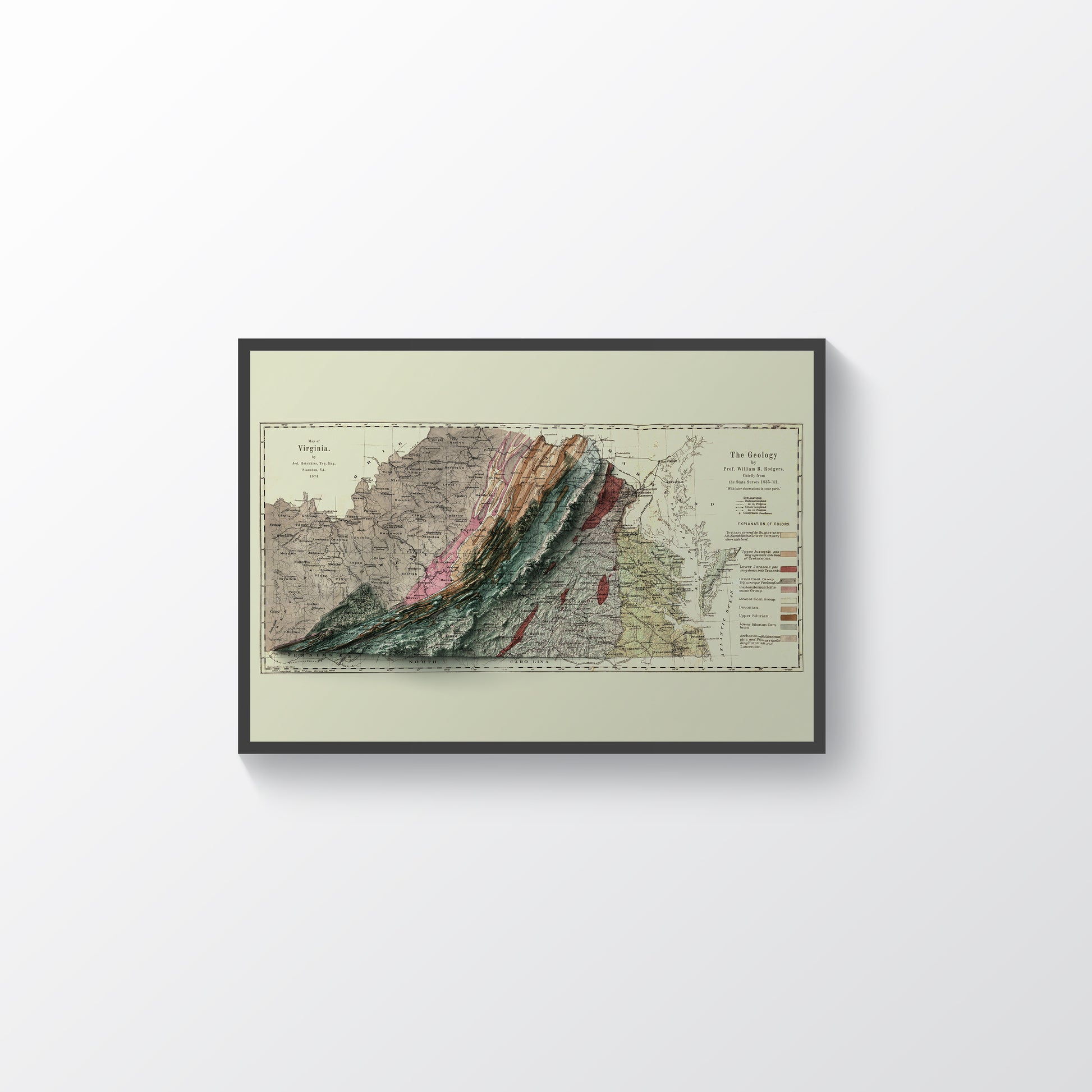 Virginia (USA) vintage framed shaded relief map in black frame. Artistic print highlighting mountains with a realistic terrain effect