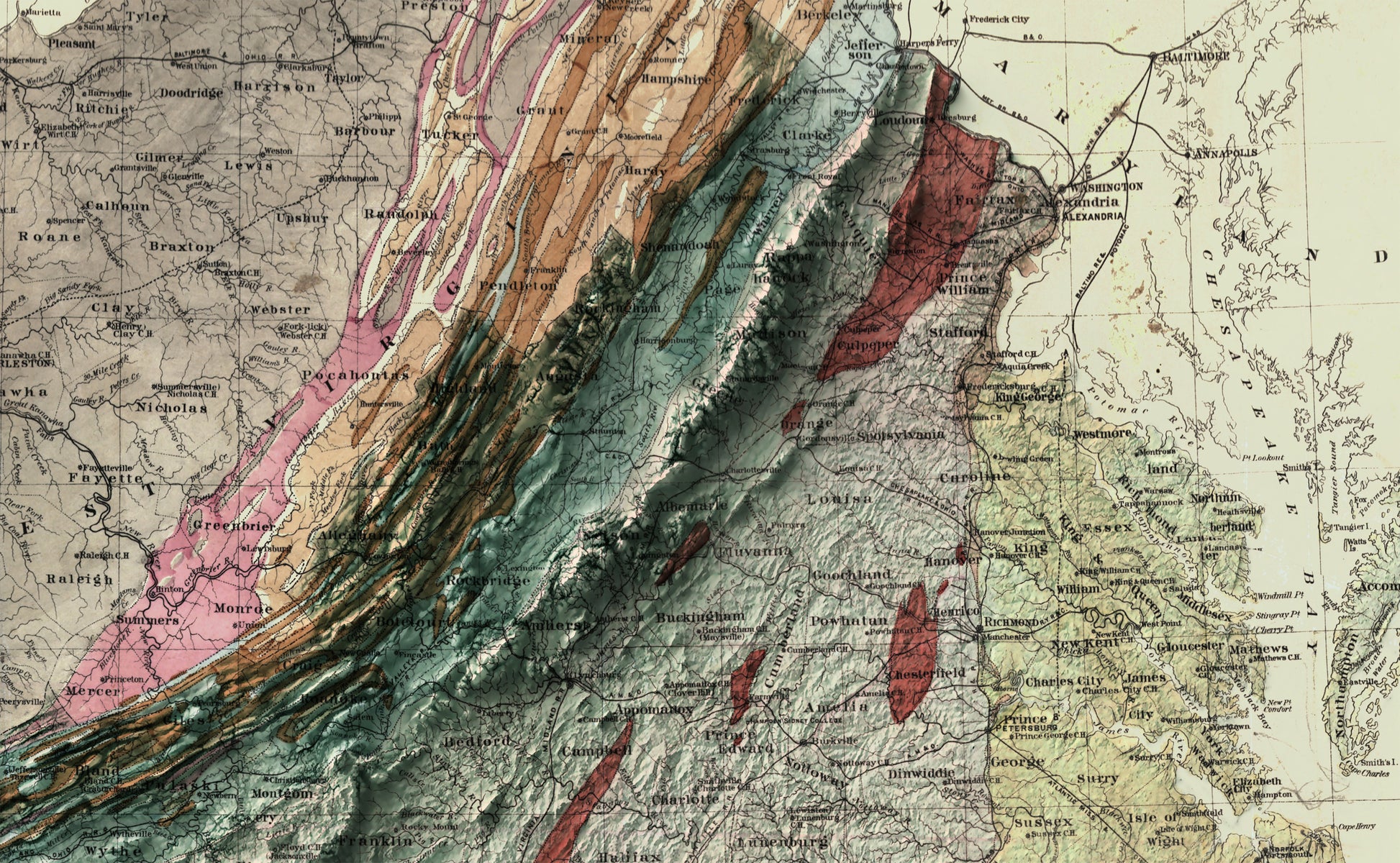 Detailed close-up of a vintage Virginia (USA) relief map, showcasing textured topography and geographic contours