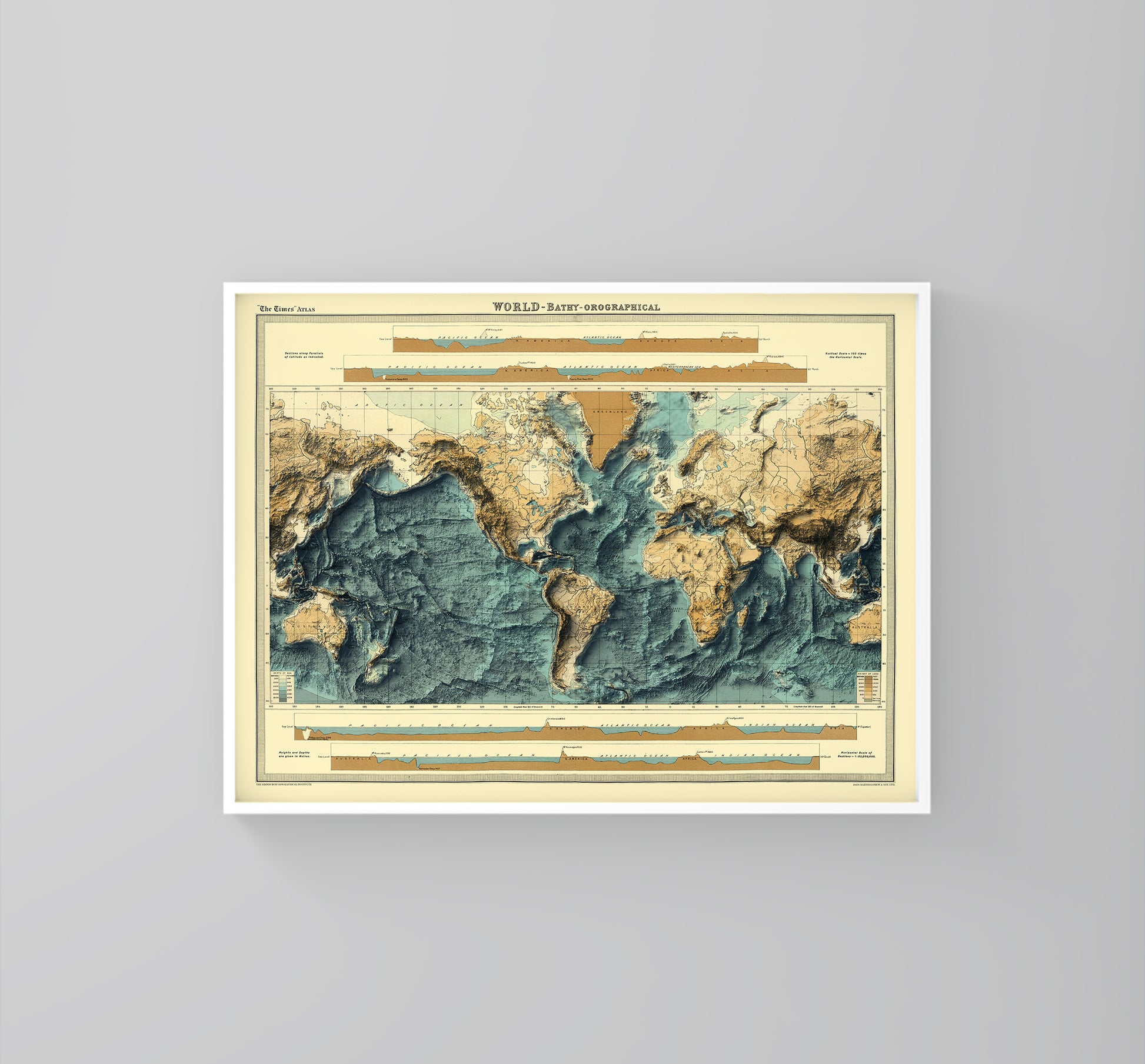 World Bathymetric vintage framed shaded relief map in white frame. Artistic print highlighting mountains with a realistic 3d effect