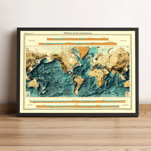 World Bathymetric vintage framed shaded relief map in black frame. Artistic print highlighting mountains with a realistic terrain effect