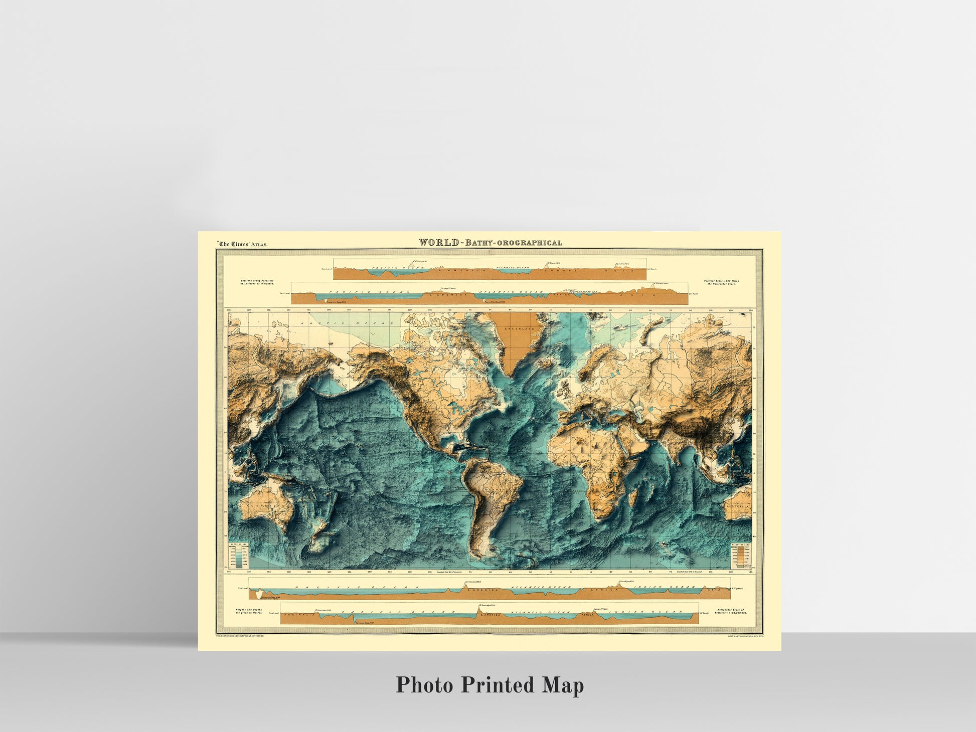 World Bathymetric Map. Shaded relief print, highlighting topography. Ideal for home decor and geography lovers