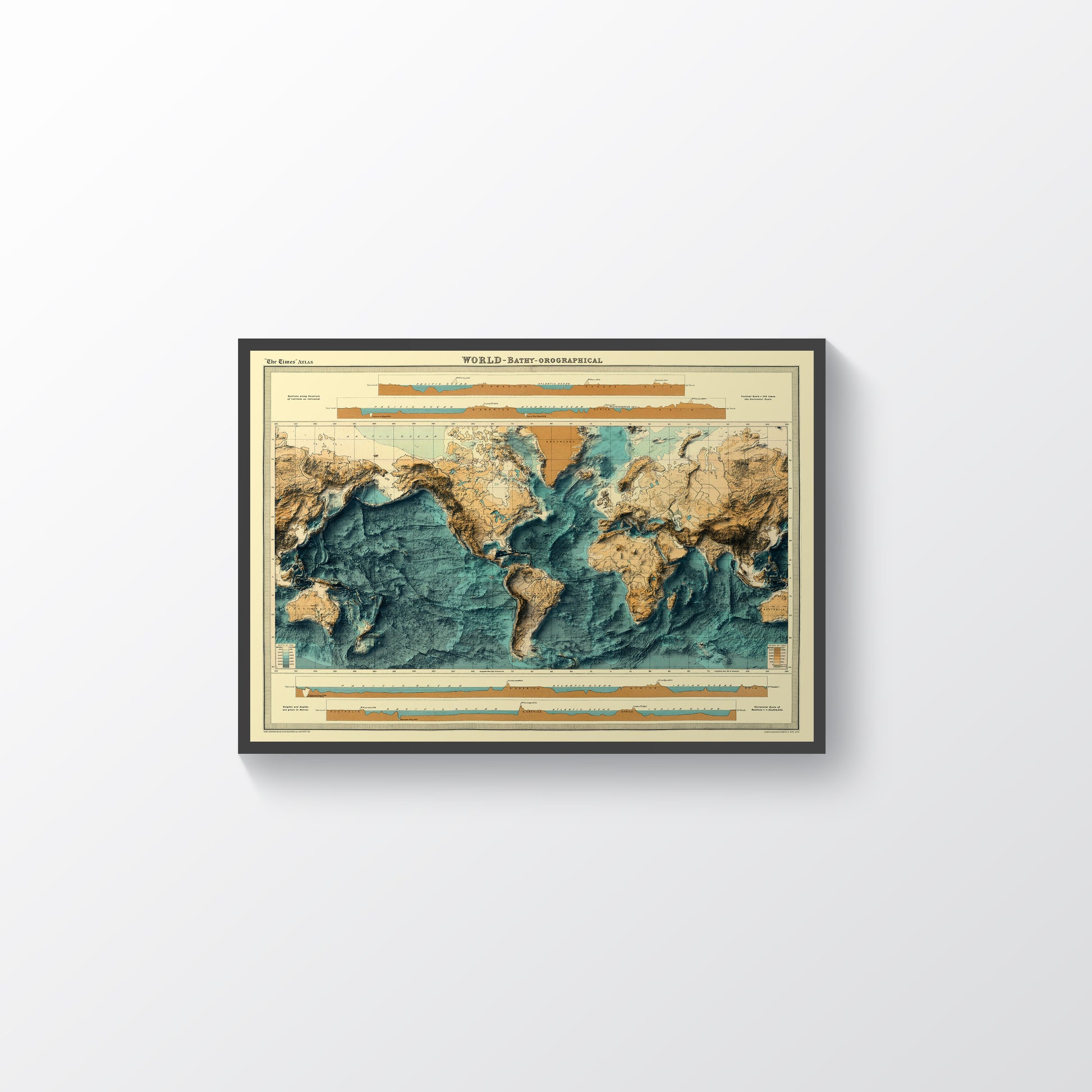 World Bathymetric vintage framed shaded relief map in black frame. Artistic print highlighting mountains with a realistic terrain effect