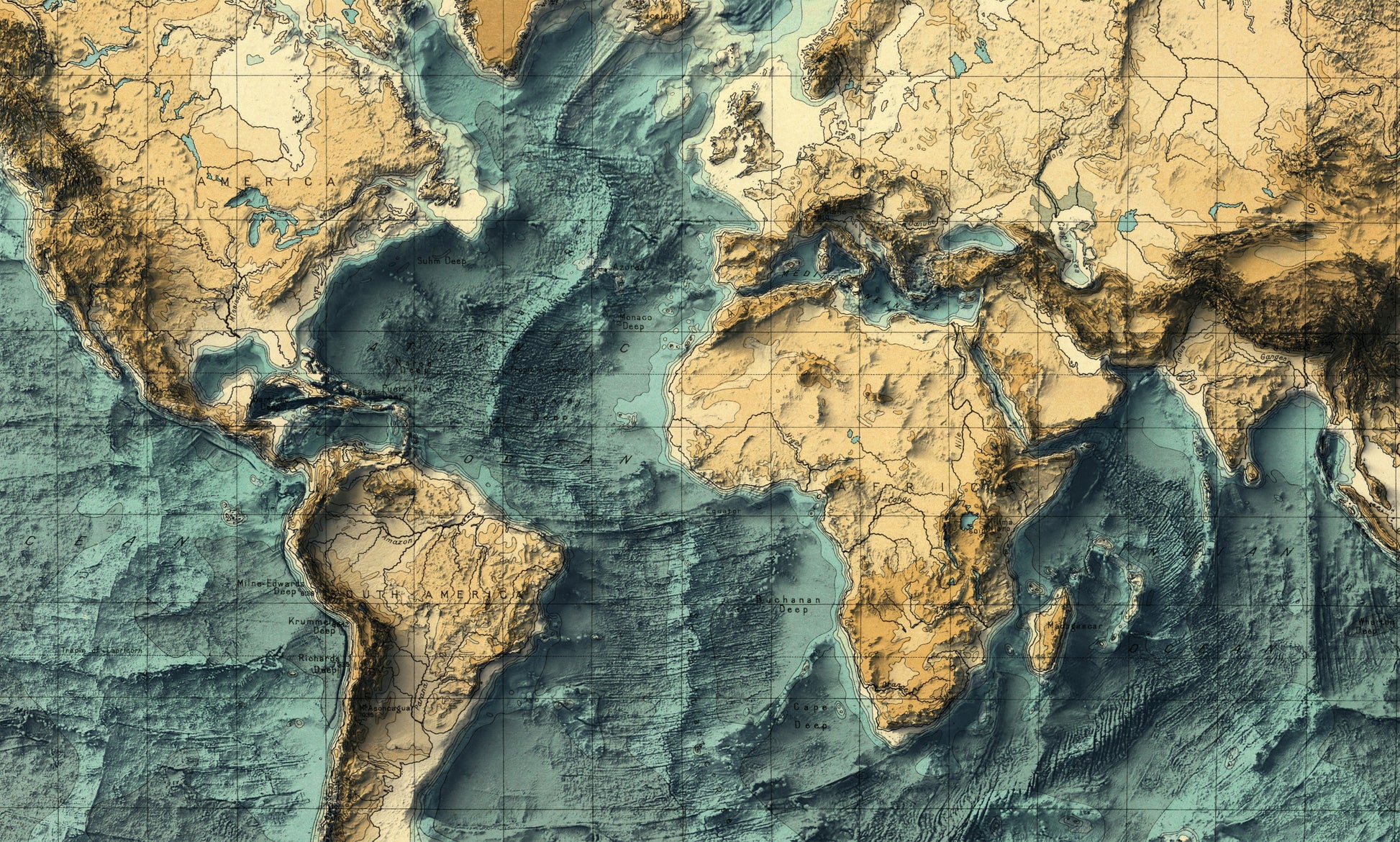 Detailed close-up of a vintage World Bathymetric relief map, showcasing textured topography and geographic contours