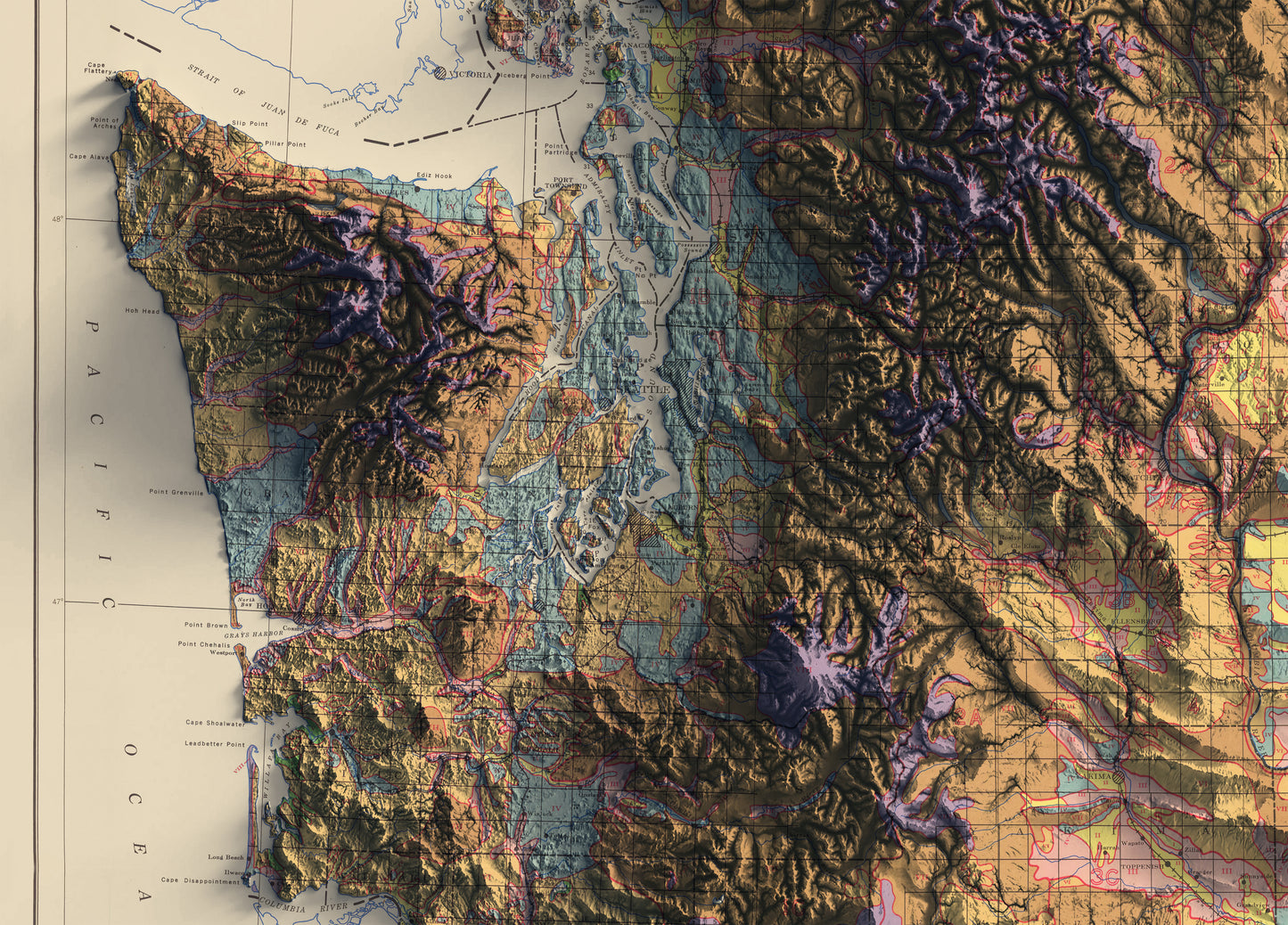 Detailed close-up of a vintage Washington (USA) relief map, showcasing textured topography and geographic contours