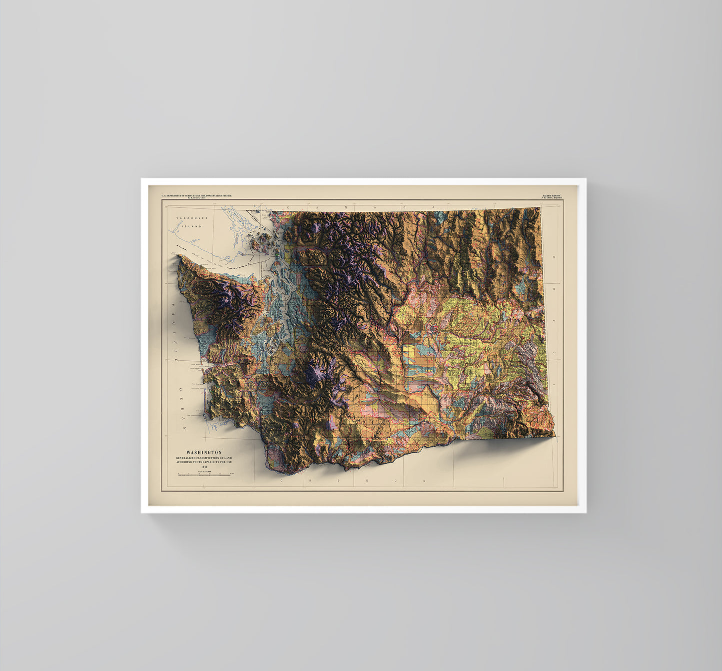 Washington DC (USA) vintage framed shaded relief map in white frame. Artistic print highlighting mountains with a realistic 3d effect