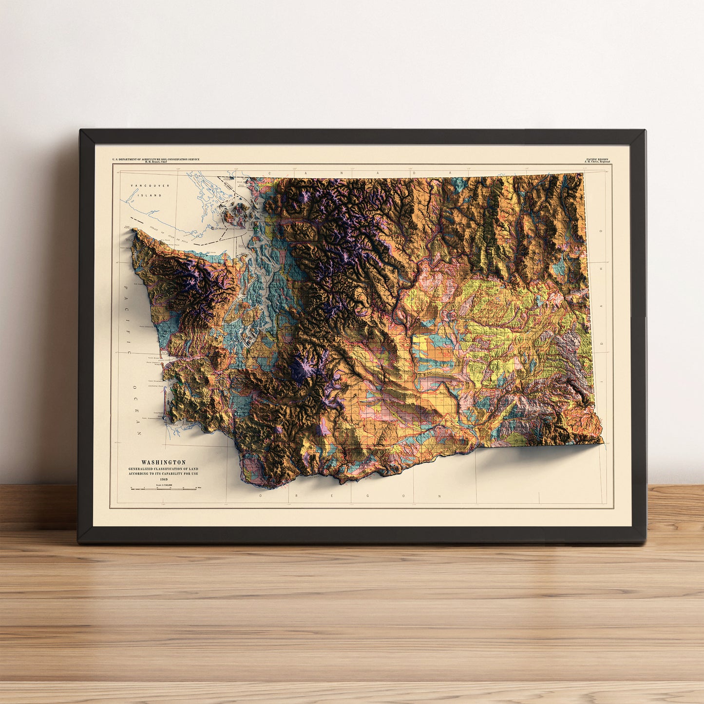 Washington (USA) vintage framed shaded relief map in black frame. Artistic print highlighting mountains with a realistic terrain effect