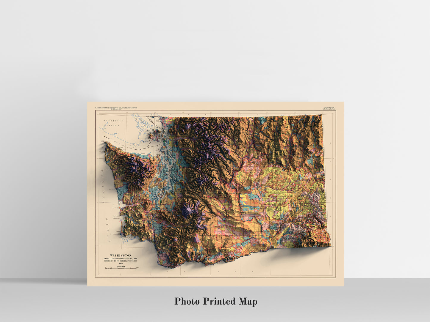 Washington (USA) Shaded relief map print, highlighting topography. Ideal for home decor and geography lovers