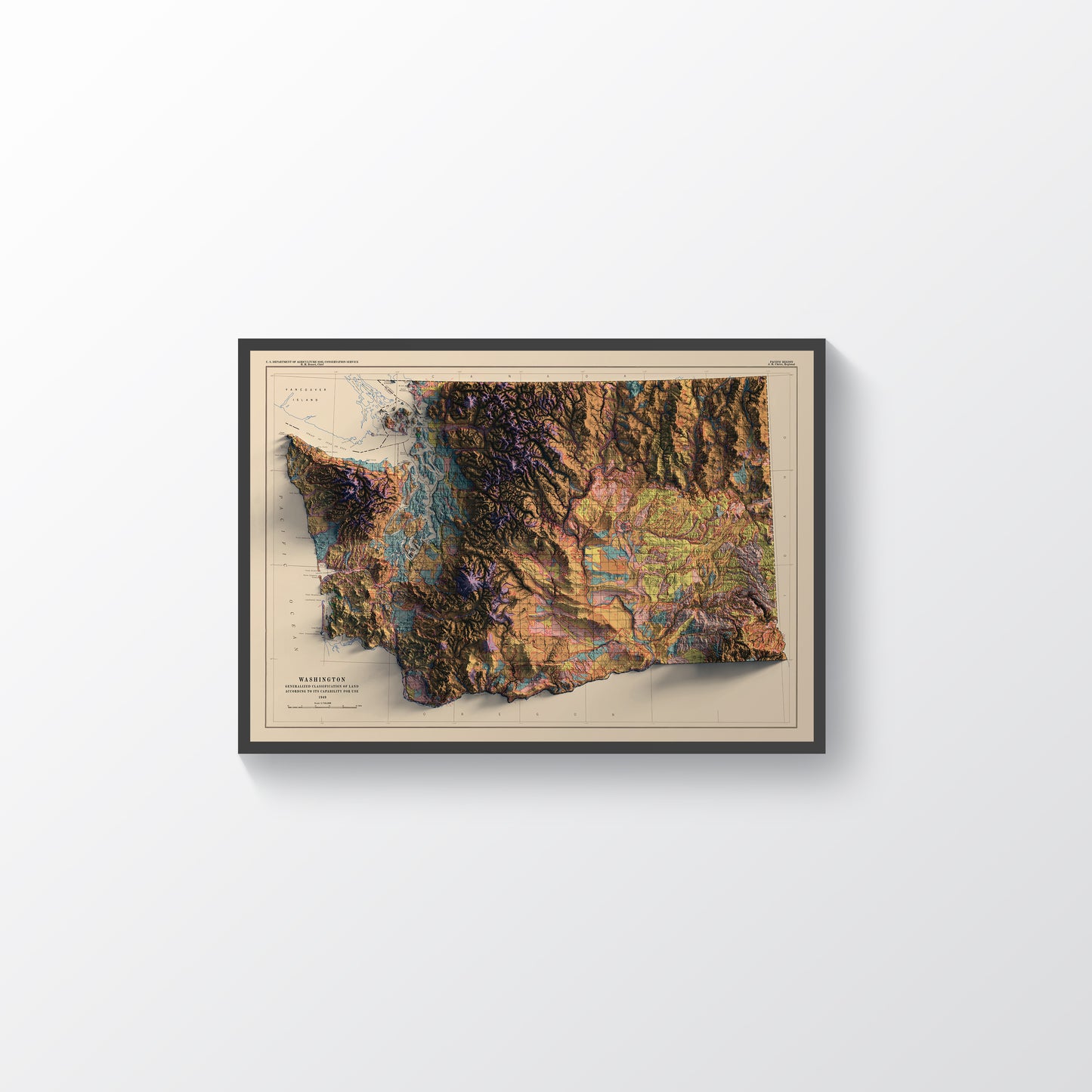 Washington (USA) vintage framed shaded relief map in black frame. Artistic print highlighting mountains with a realistic terrain effect