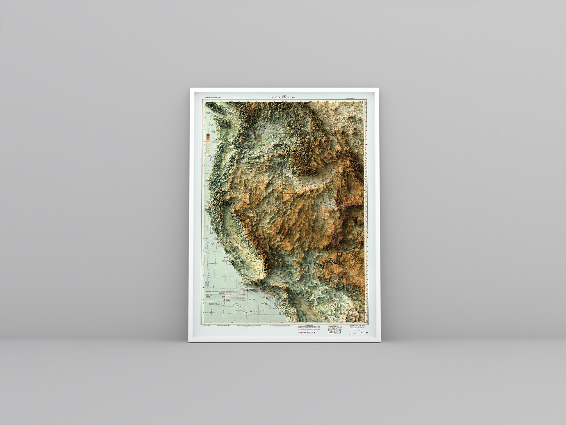 Western United States (USA) vintage framed shaded relief map in white frame. Artistic print highlighting mountains with a realistic 3d effect