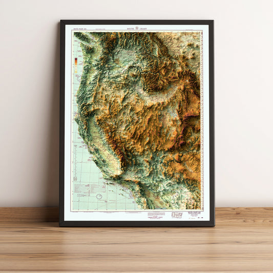 Western United States (USA) vintage framed shaded relief map in black frame. Artistic print highlighting mountains with a realistic terrain effect