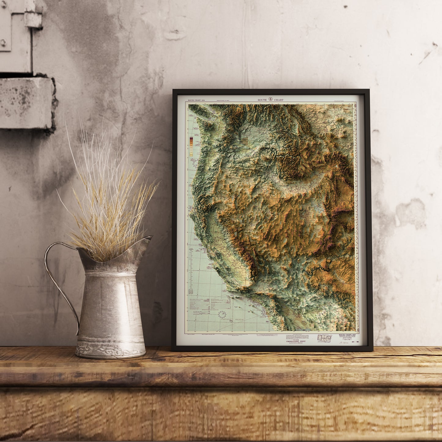 Vintage Western United States (USA) shaded relief map in black frame. Realistic terrain art print for home decor, displayed on rustic wooden table
