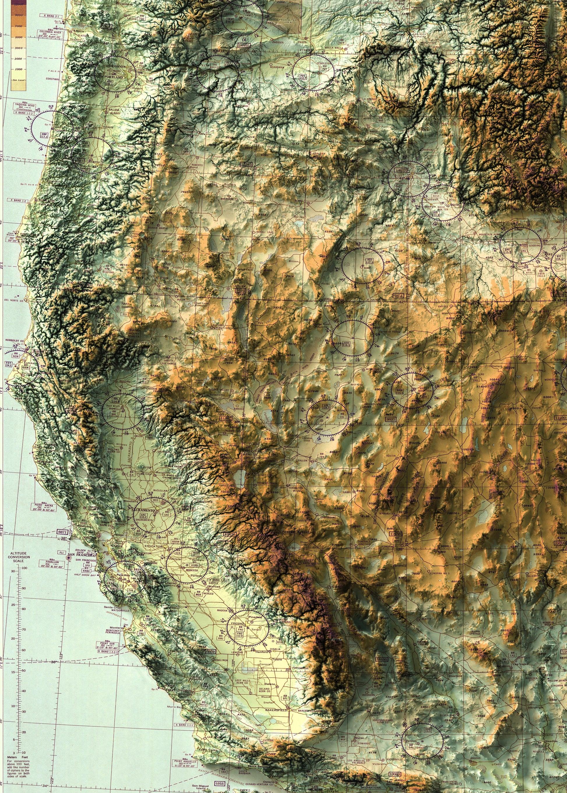 Detailed close-up of a vintage Western United States (USA) relief map, showcasing textured topography and geographic contours