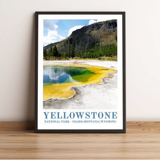 Yelowstone National Park vintage travel poster in black frame. Artistic photographic print