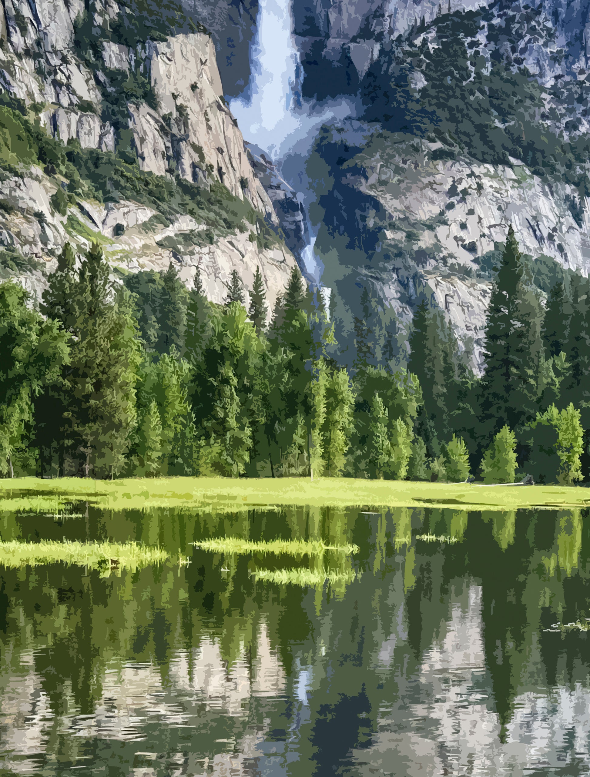 Detailed close-up of a vintage artistic Yosemite National Park travel poster