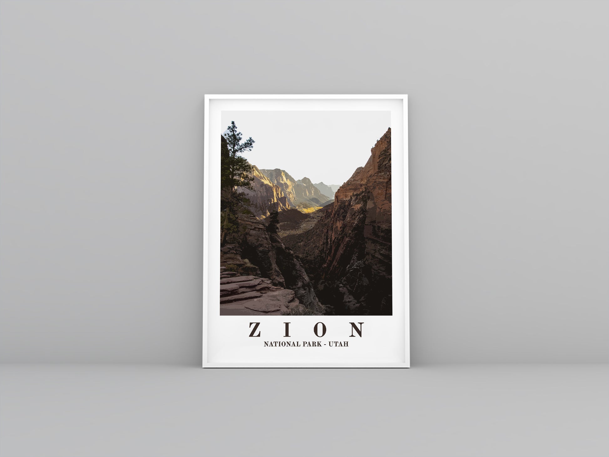 Zion National Park Vintage travel poster in white frame. Artistic print highlighting the landscape