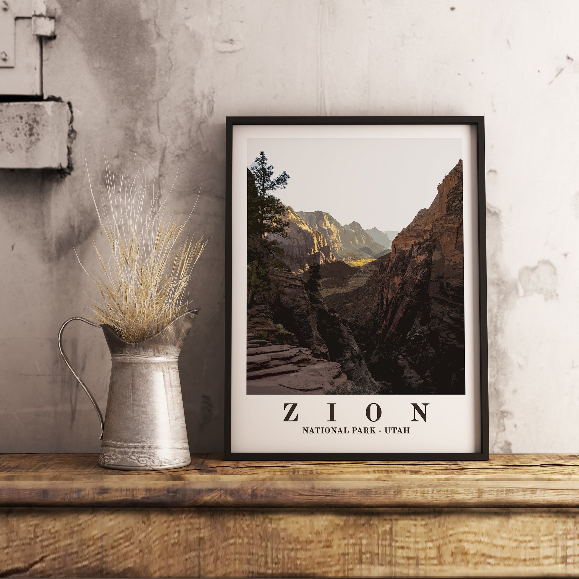 Zion National Park (Utah) vintage travel poster. Photographic art print for home decor, displayed on rustic wooden table