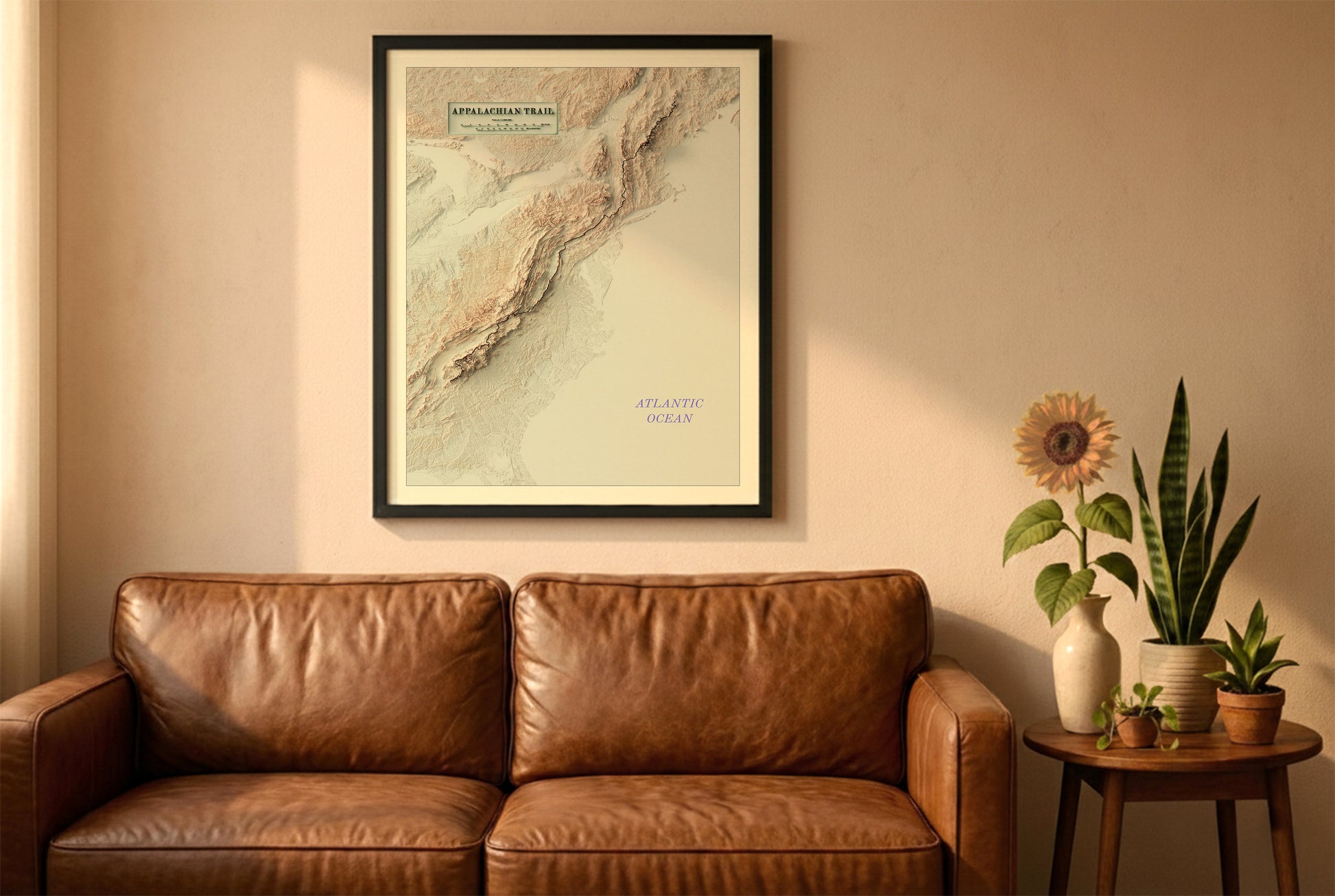 Appalachian Trail vintage relief map in a black frame above a brown leather sofa. Boho living room with warm sunlight, sunflower, and indoor plants on a wooden side table