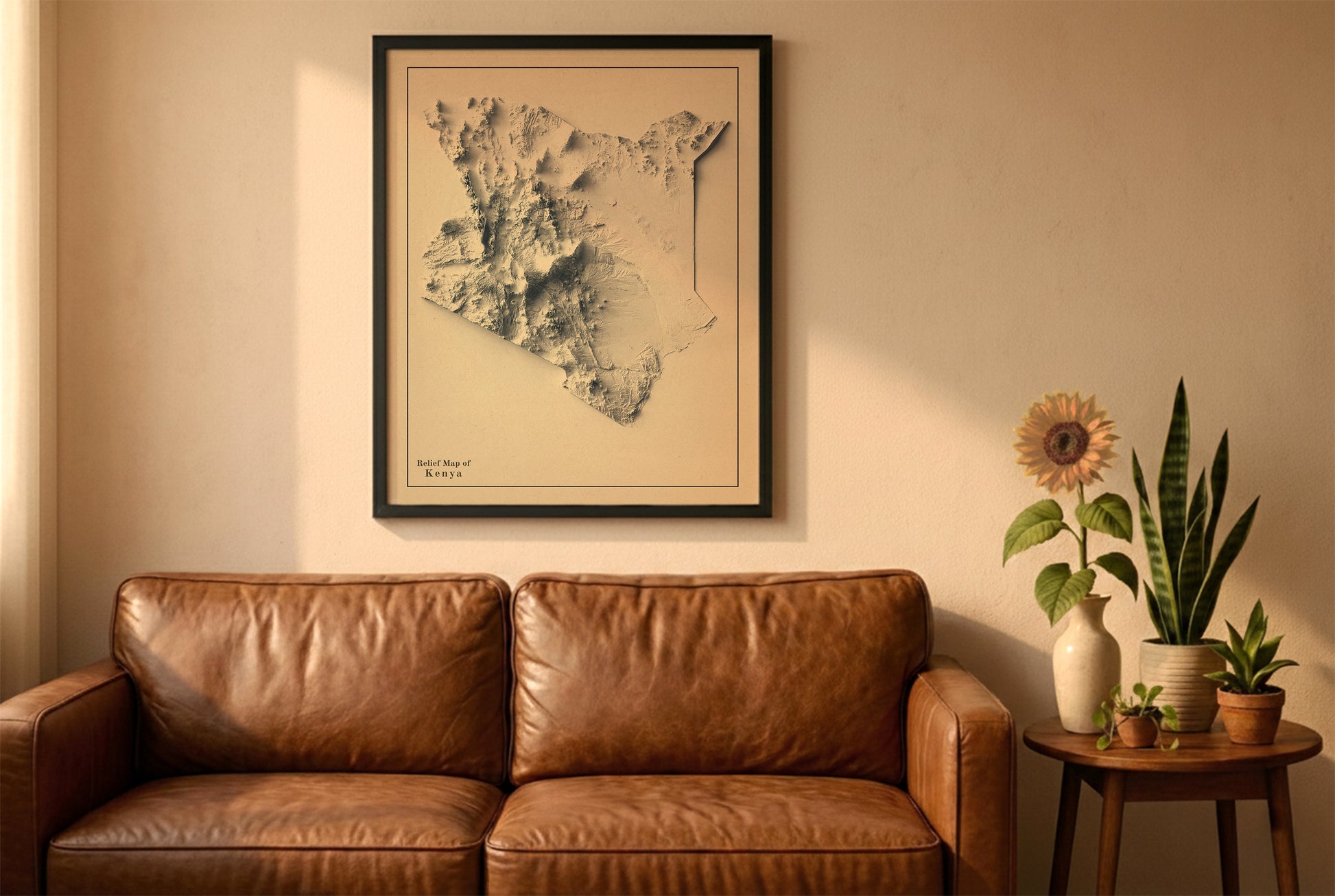 Kenya vintage relief map in a black frame above a brown leather sofa. Boho living room with warm sunlight, sunflower, and indoor plants on a wooden side table
