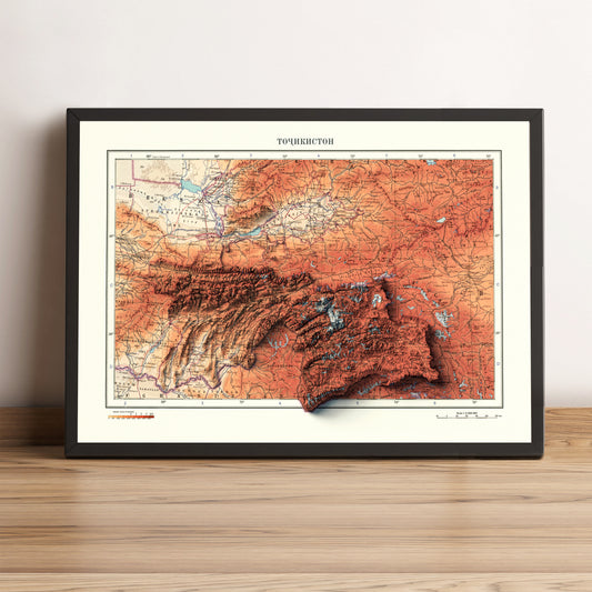 Tajikistan vintage framed shaded relief map in black frame. Artistic print highlighting mountains with a realistic terrain effect