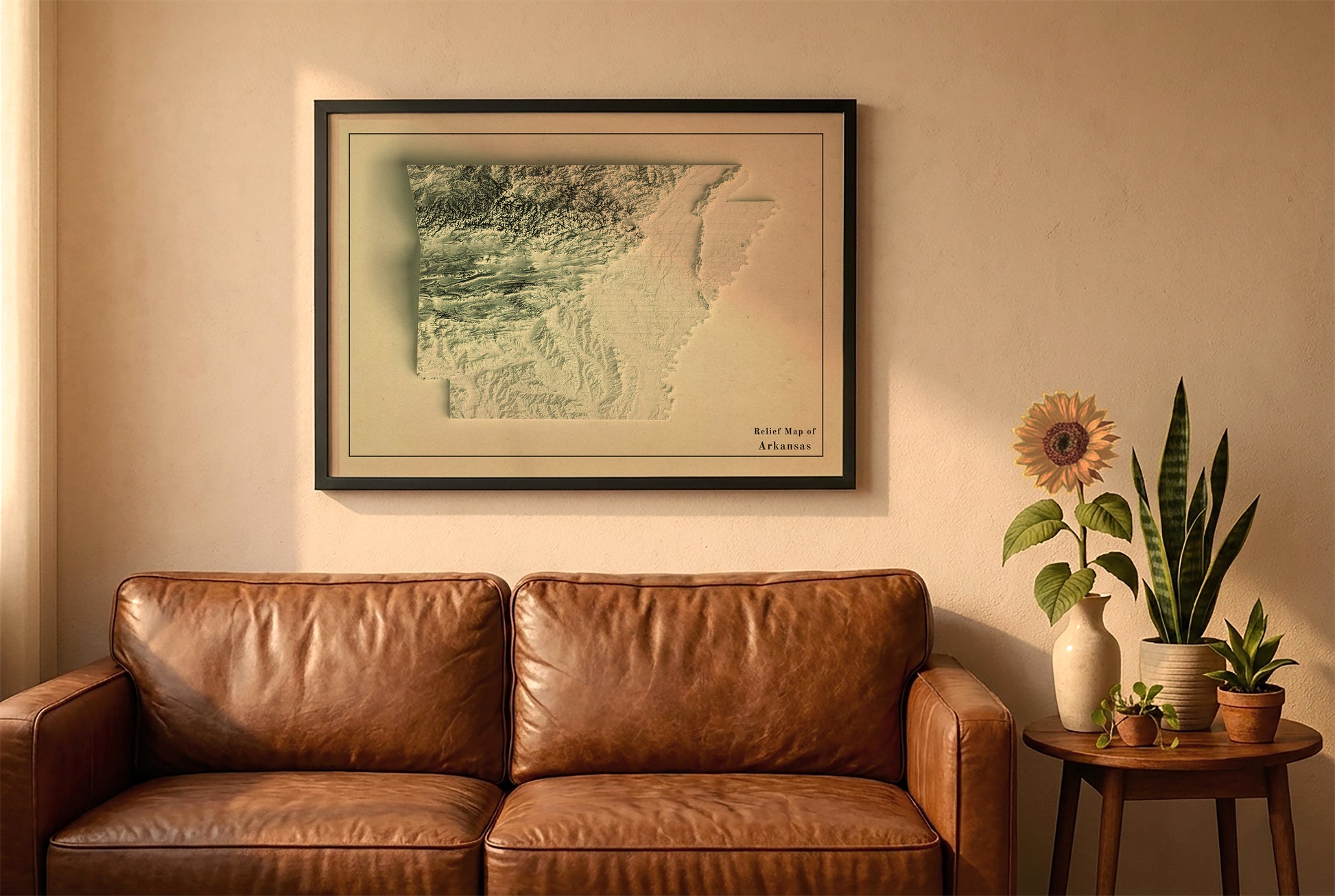 Arkansas vintage relief map in a black frame above a brown leather sofa. Boho living room with warm sunlight, sunflower, and indoor plants on a wooden side table