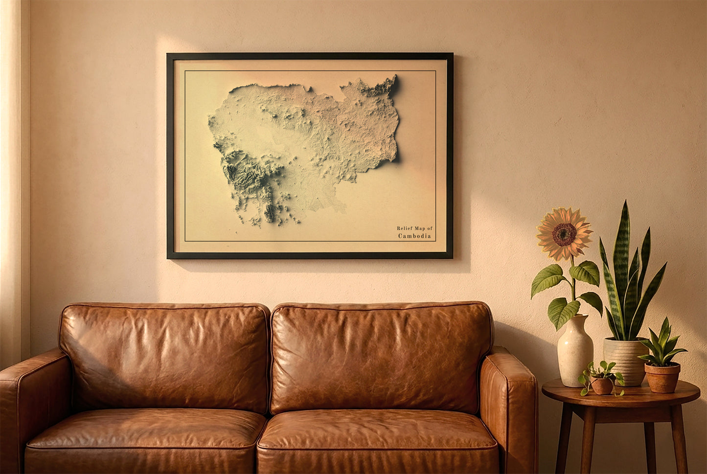 Cambodia vintage relief map in a black frame above a brown leather sofa. Boho living room with warm sunlight, sunflower, and indoor plants on a wooden side table