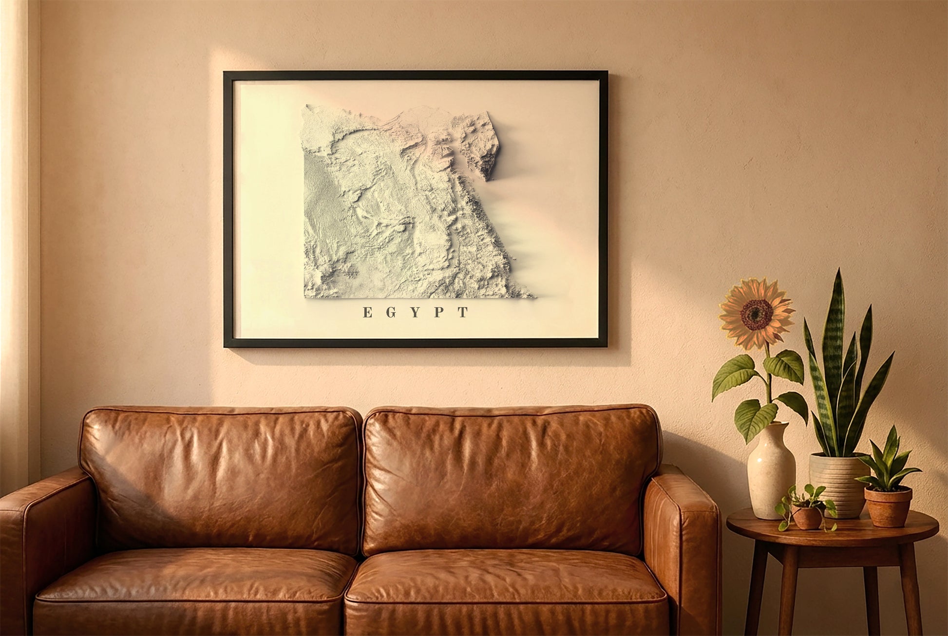 Egypt relief map in a black frame above a brown leather sofa. Boho living room with warm sunlight, sunflower, and indoor plants on a wooden side table