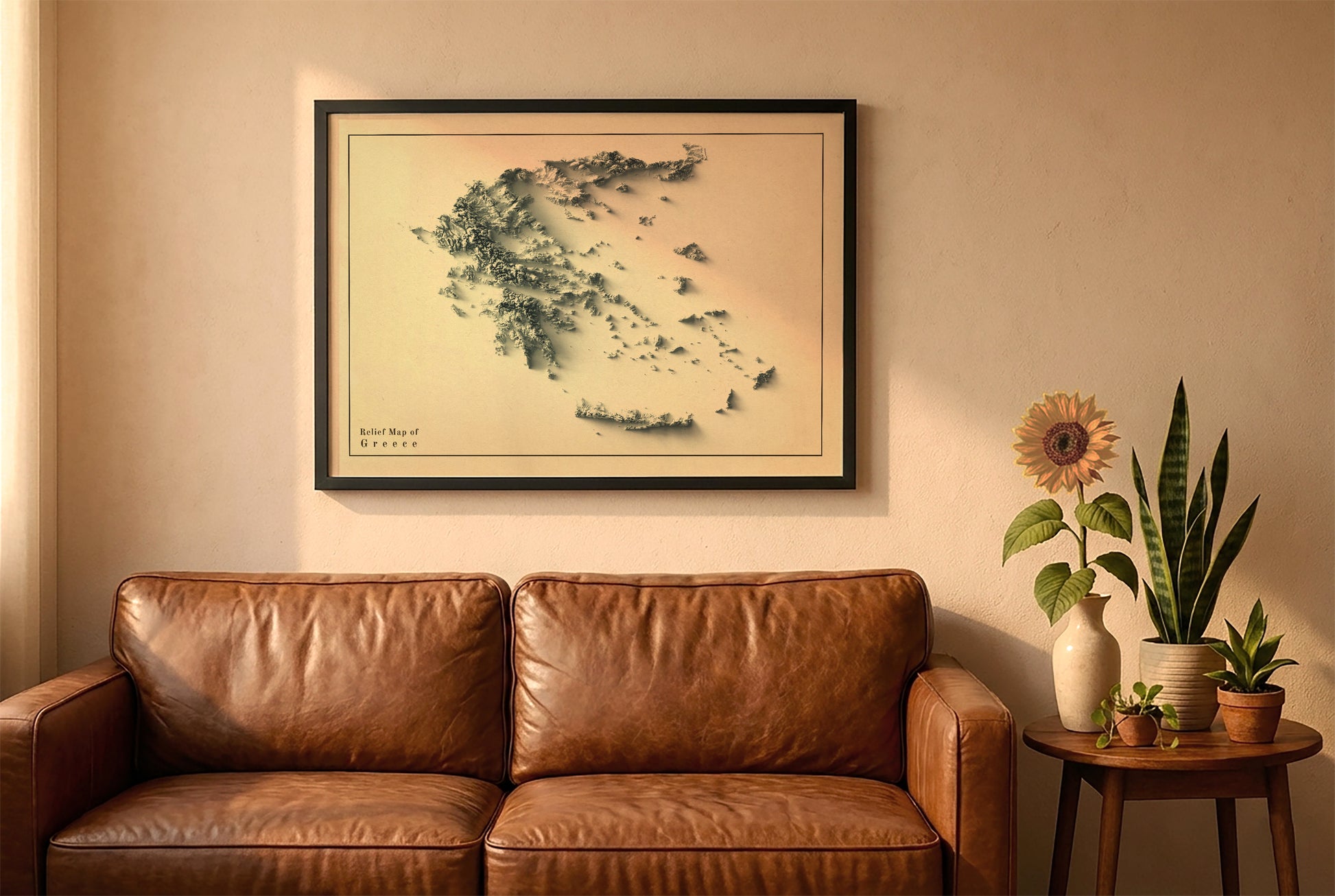 Greece vintage relief map in a black frame above a brown leather sofa. Boho living room with warm sunlight, sunflower, and indoor plants on a wooden side table
