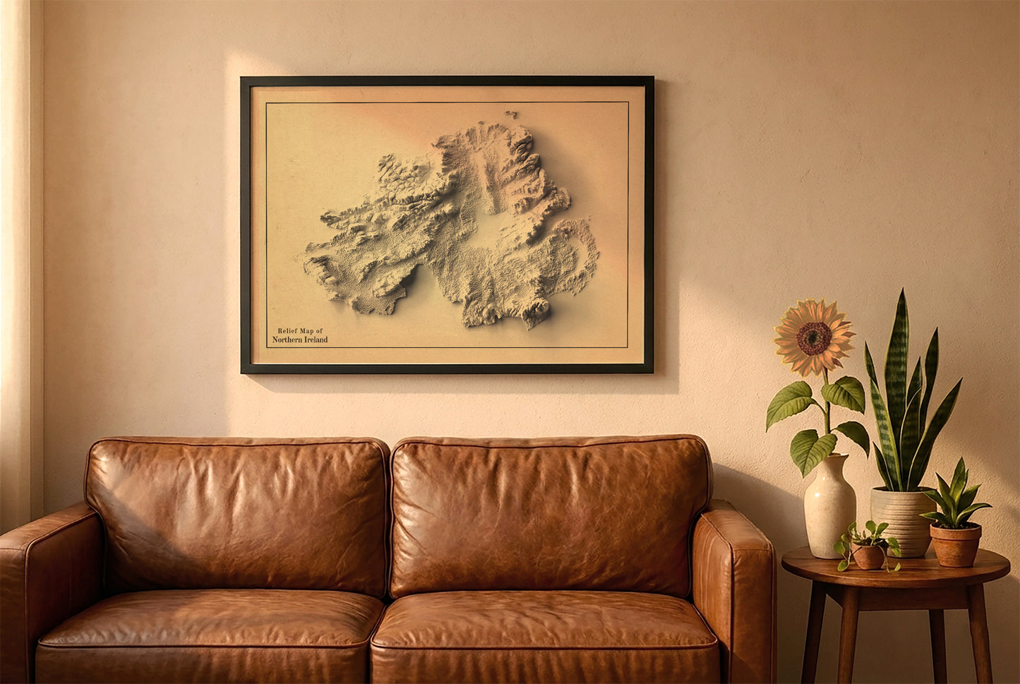northern ireland relief map in a black frame above a brown leather sofa. Boho living room with warm sunlight, sunflower, and indoor plants on a wooden side table