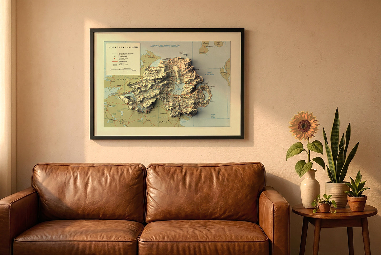 vintage northern ireland relief map in a black frame above a brown leather sofa. Boho living room with warm sunlight, sunflower, and indoor plants on a wooden side table