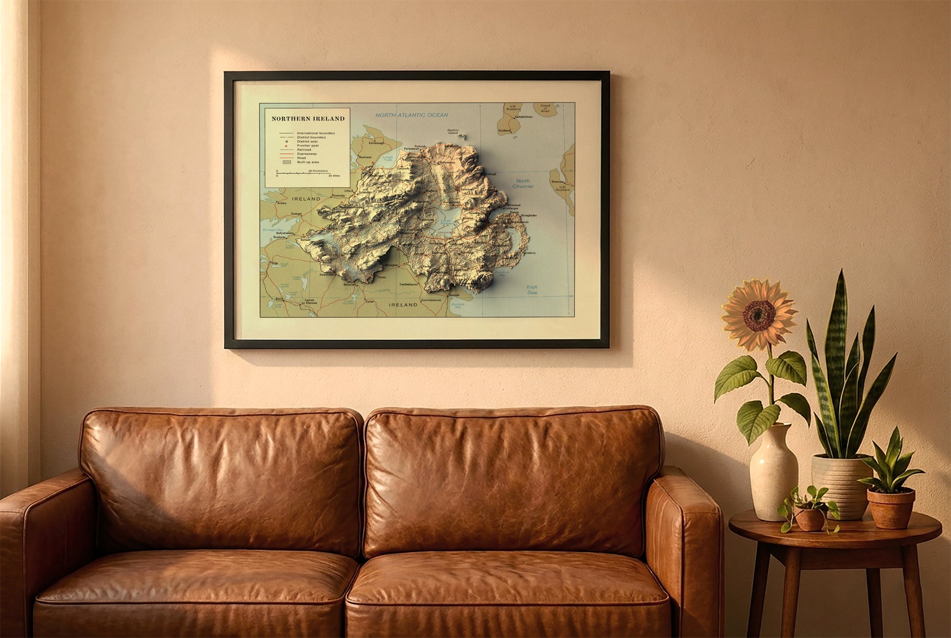vintage northern ireland relief map in a black frame above a brown leather sofa. Boho living room with warm sunlight, sunflower, and indoor plants on a wooden side table