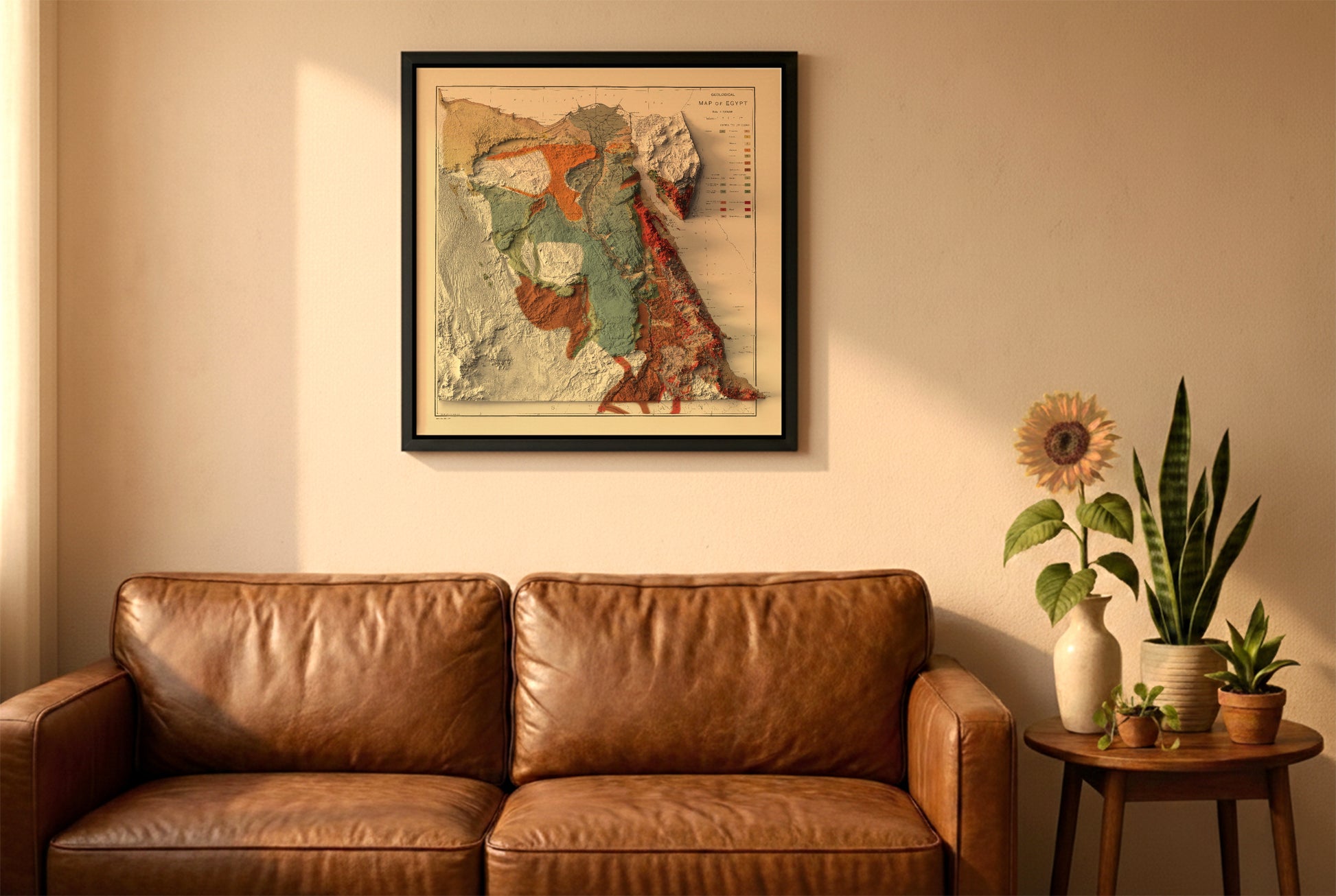Egypt vintage relief map in a black frame above a brown leather sofa. Boho living room with warm sunlight, sunflower, and indoor plants on a wooden side table