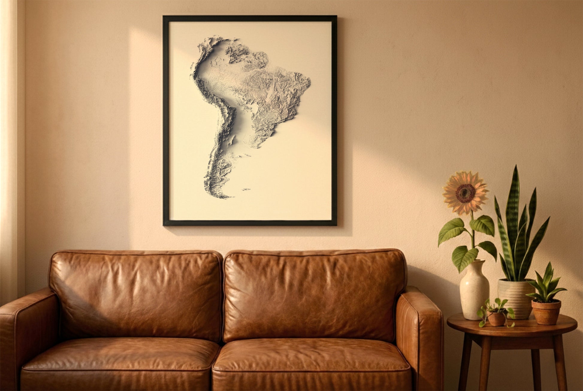 South America relief map in a black frame above a brown leather sofa. Boho living room with warm sunlight, sunflower, and indoor plants on a wooden side table