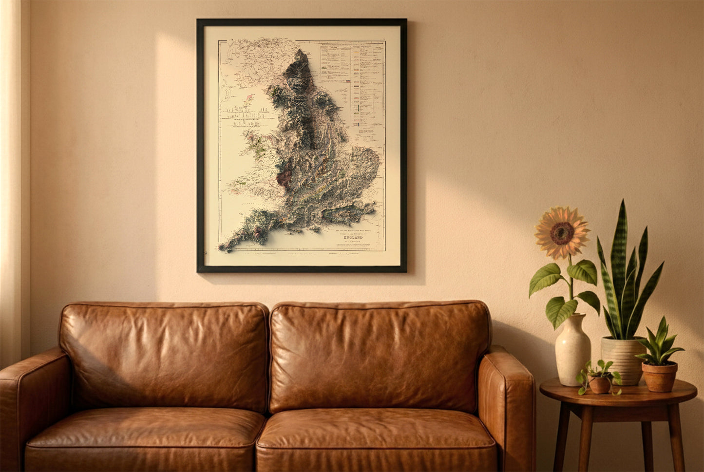 England vintage relief map in a black frame above a brown leather sofa. Boho living room with warm sunlight, sunflower, and indoor plants on a wooden side table