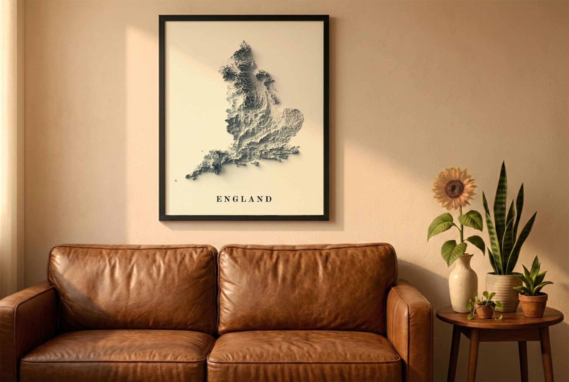 England relief map in a black frame above a brown leather sofa. Boho living room with warm sunlight, sunflower, and indoor plants on a wooden side table