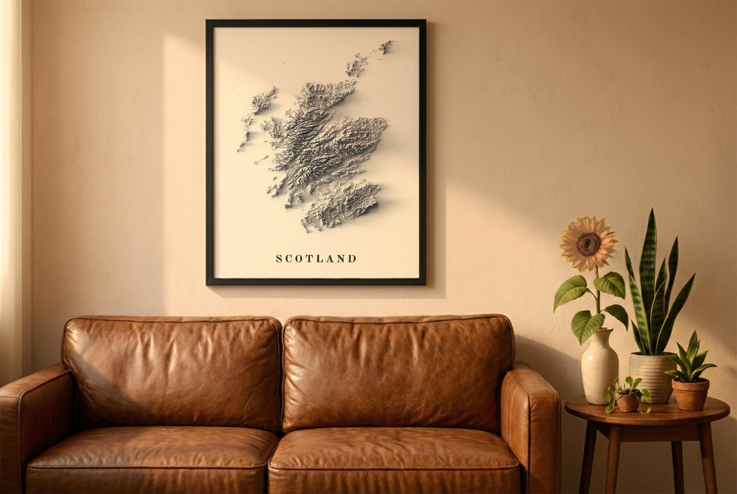 Scotland relief map in a black frame above a brown leather sofa. Boho living room with warm sunlight, sunflower, and indoor plants on a wooden side table
